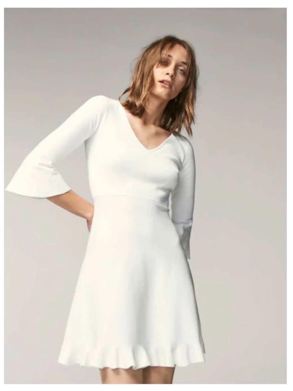 Massimo Dutti White V‑Neck Mini Dress with Flared Sleeves